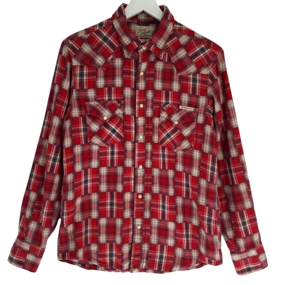 Lucky Brand Dungarees Western Pearl Snap Plaid Patchwork Shirt